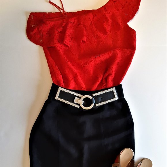 Red One Shoulder Lace Top - Picture 13 of 13